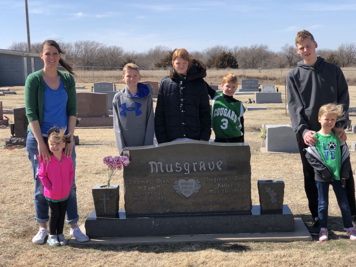 6 of Tom’s grandchildren were there to witness the first LegacyMarker being mounted.  They all signed the guestbook.  Pictured are Camille and Elsie Mae on the left, Cal, Belle and Samuel behind the stone, and Tommy and Leila on the right.