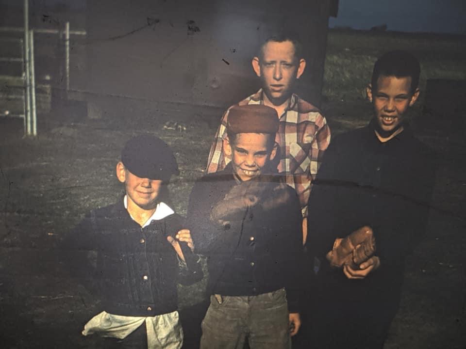 Backyard Baseball in Chase. Front row (L to R)is Tom, Bill and Curt.  Their friend Don Lindsay is behind.